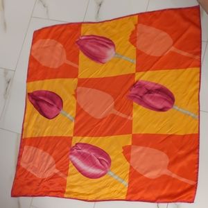 Silk 33" square tulip scarf.  Pink, orange, yellow.